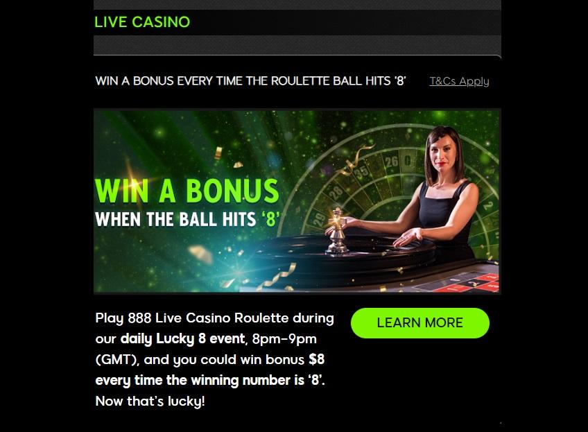 888 Live casino roulette bonus